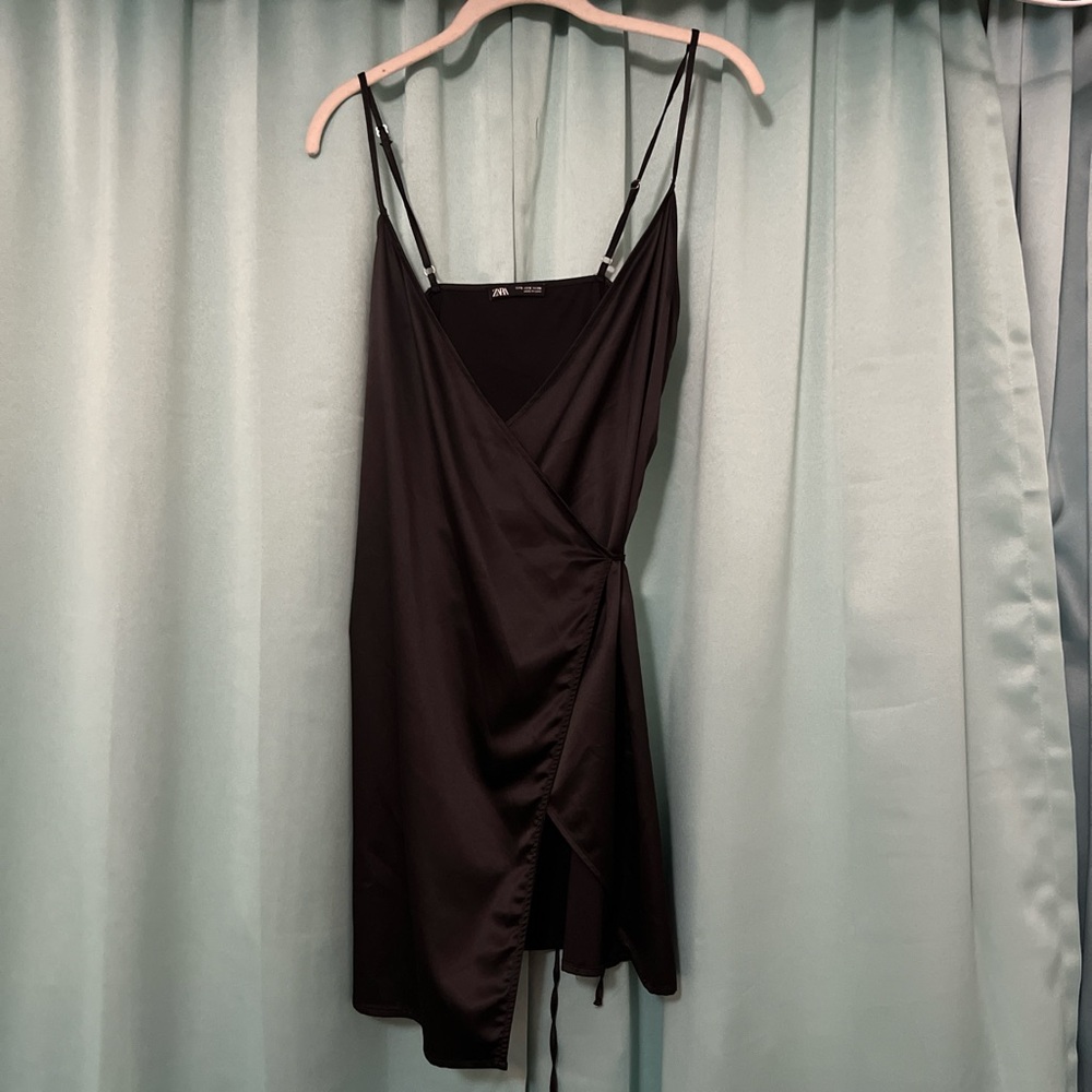 Zara Black Satin Mini Wrap Slip Dress